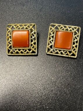 Gold-Tone Square Earrings with Orange Center-A1